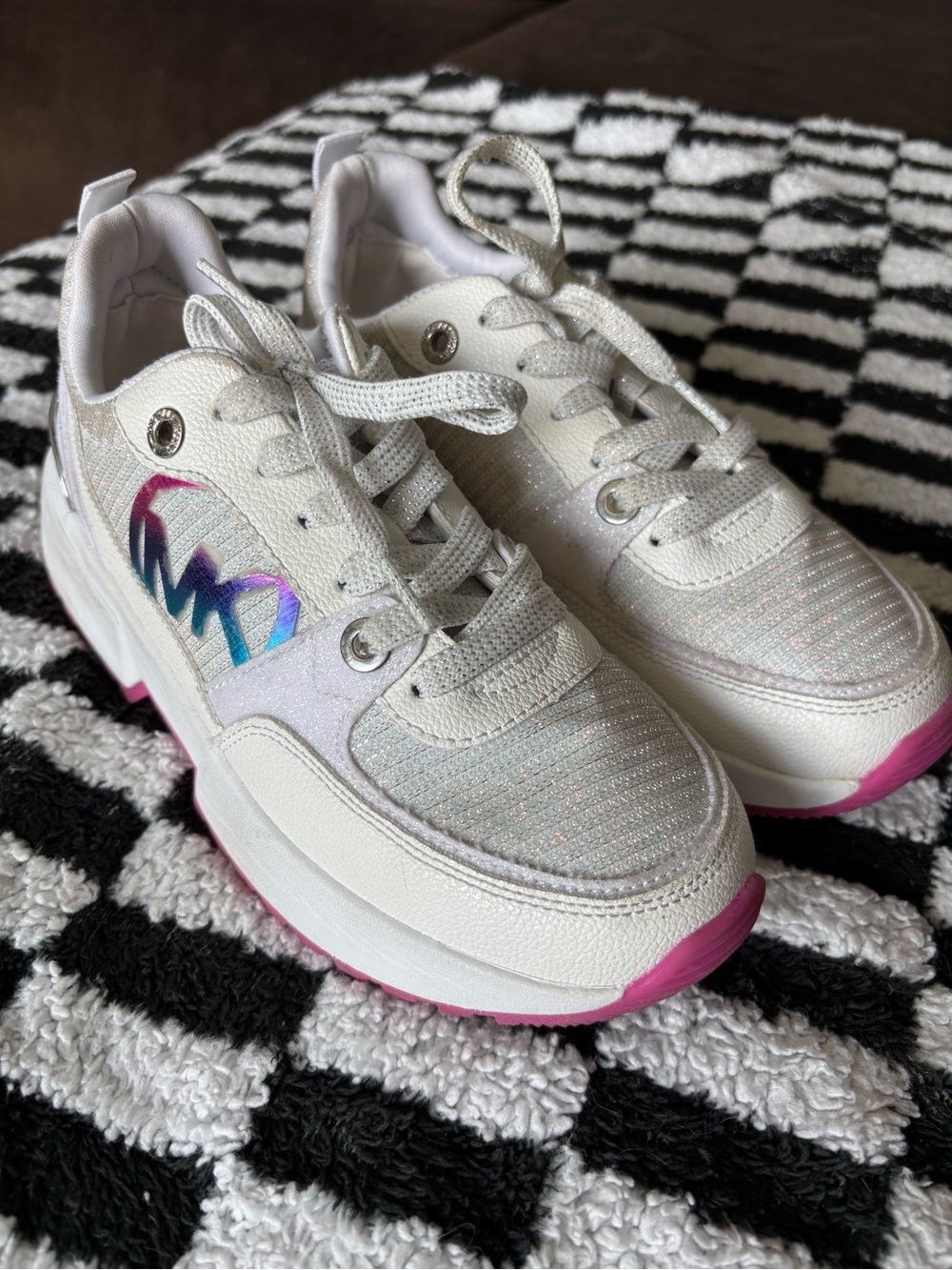 Michael Kors White Glitter Kids Sneakers with Pink Outsole and Holographic Logo